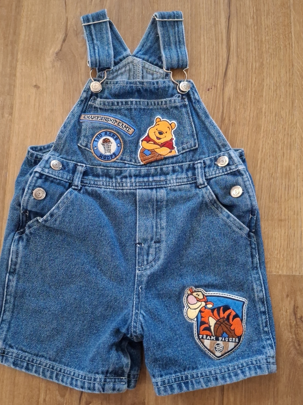 Vintage Disney Winnie the Pooh Blue Denim Kids Overalls Shorts 24 Month